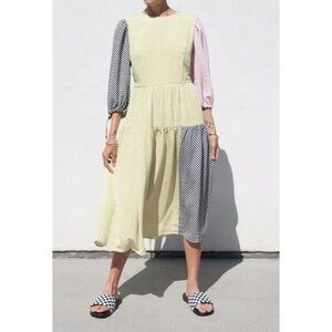 Kkco Patchwork Polka Dot Long Sleeve Midi Dress - Yellow